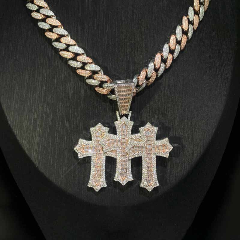 12mm Moissanite Triple Cross Pendant Cuban Chain Set