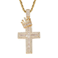 Ice Out Baguette Crown Cross Pendant