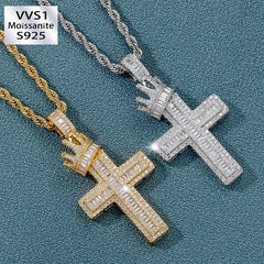 Ice Out Baguette Crown Cross Pendant