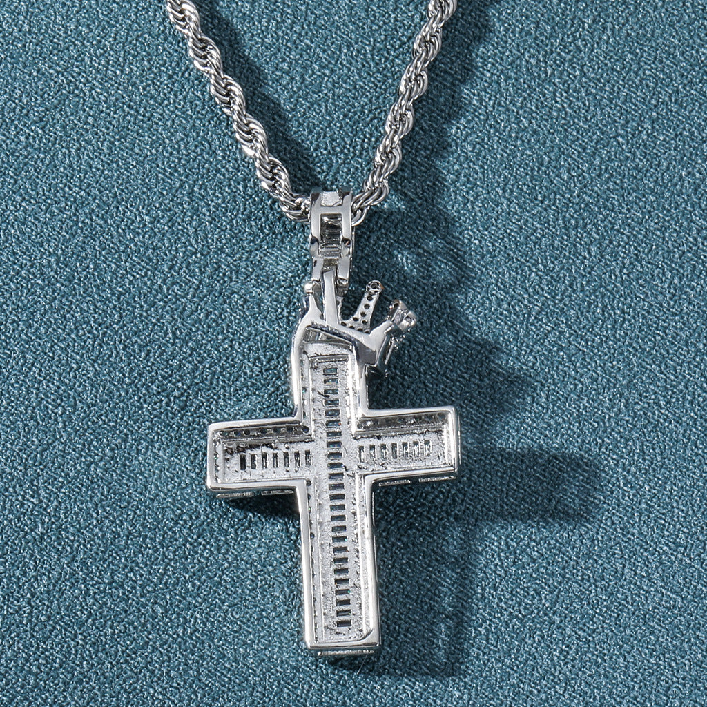 Ice Out Baguette Crown Cross Pendant