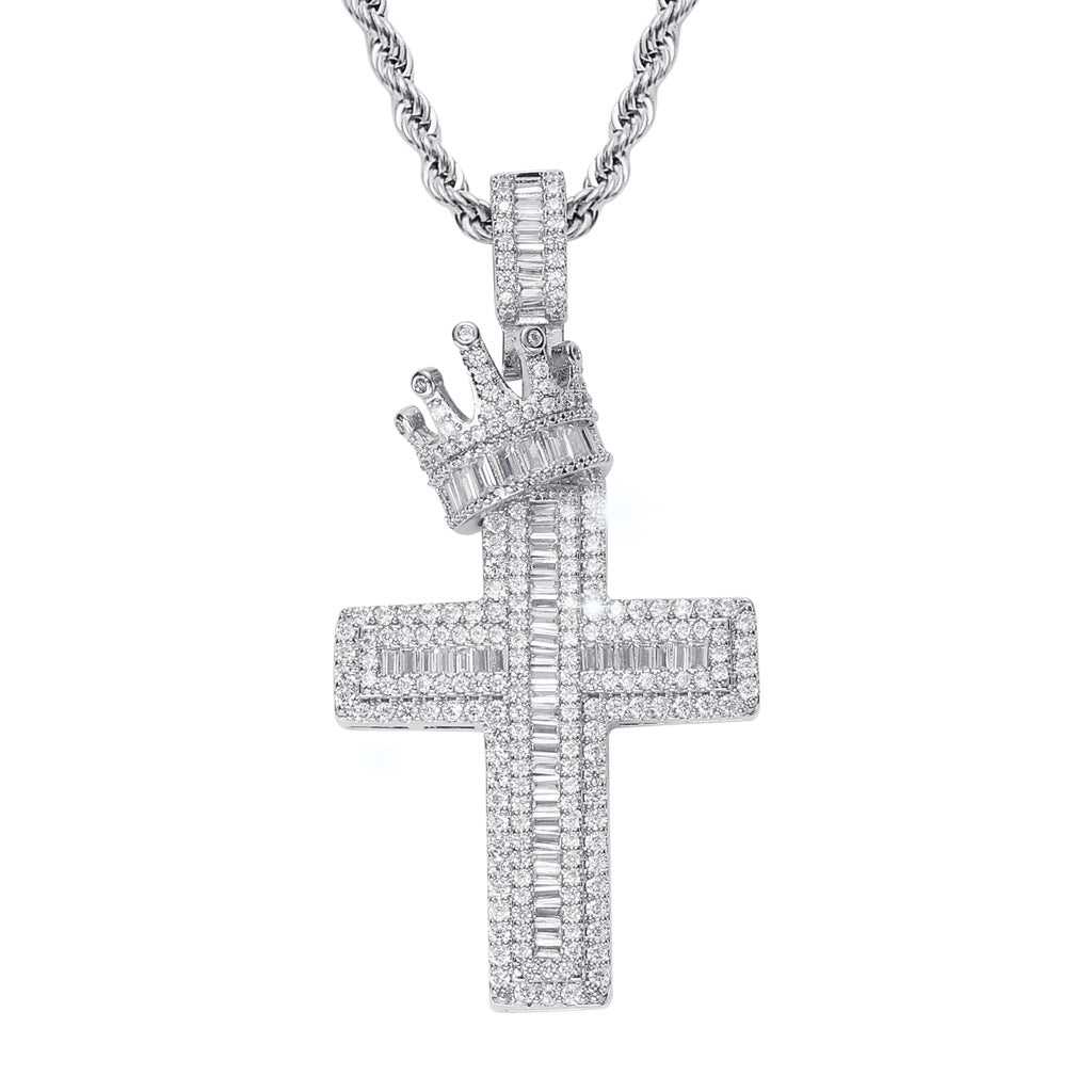 Ice Out Baguette Crown Cross Pendant