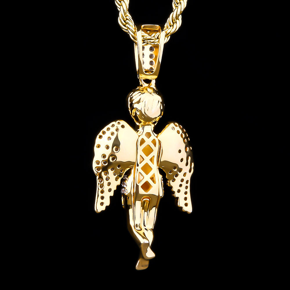 Iced Out Mens Angel Pendant Necklalce in 14K Gold/White Gold