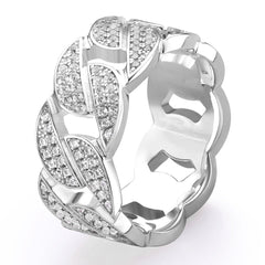 Iced Out Diamond CZ Cuban Link Mens Ring in White Gold