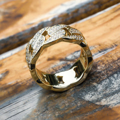 Iced Out Diamond CZ Cuban Mens Ring in 14K Gold