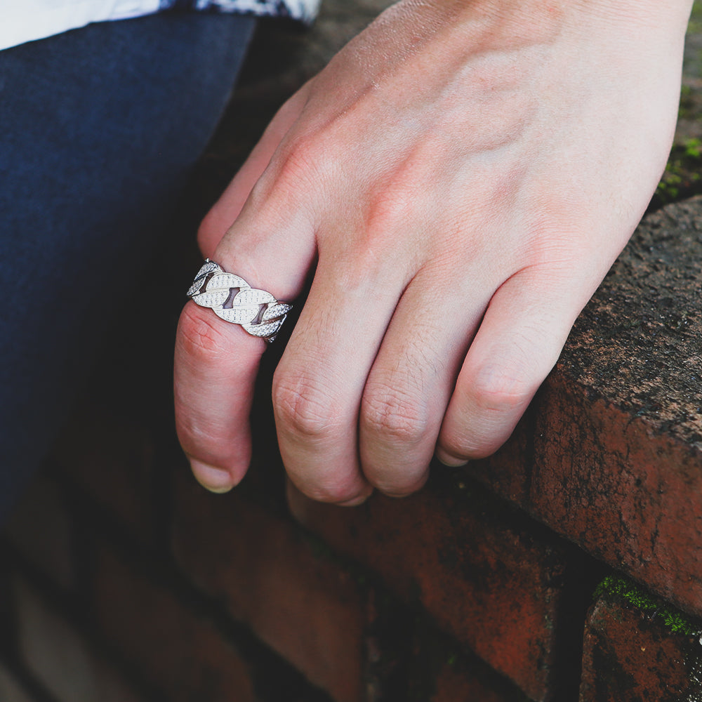 Iced Out Diamond CZ Cuban Link Mens Ring in White Gold