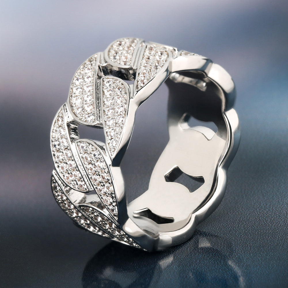 Iced Out Diamond CZ Cuban Link Mens Ring in White Gold