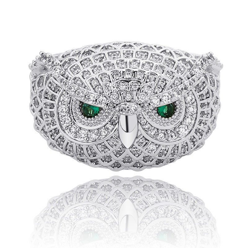 18K Gold Plated Moissanite Owl Set with Jewel Hip Hop Ring