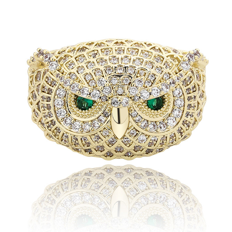 18K Gold Plated Moissanite Owl Set with Jewel Hip Hop Ring