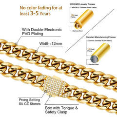 Diamond Clasp Miami Cuban Link Chain (12mm) in 18K Gold for Men's