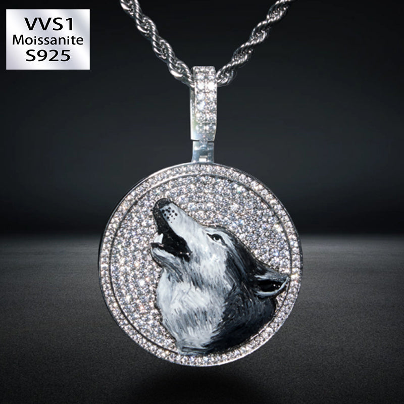 S925 Silver Moissanite Enamel Disc Wolf Pendant