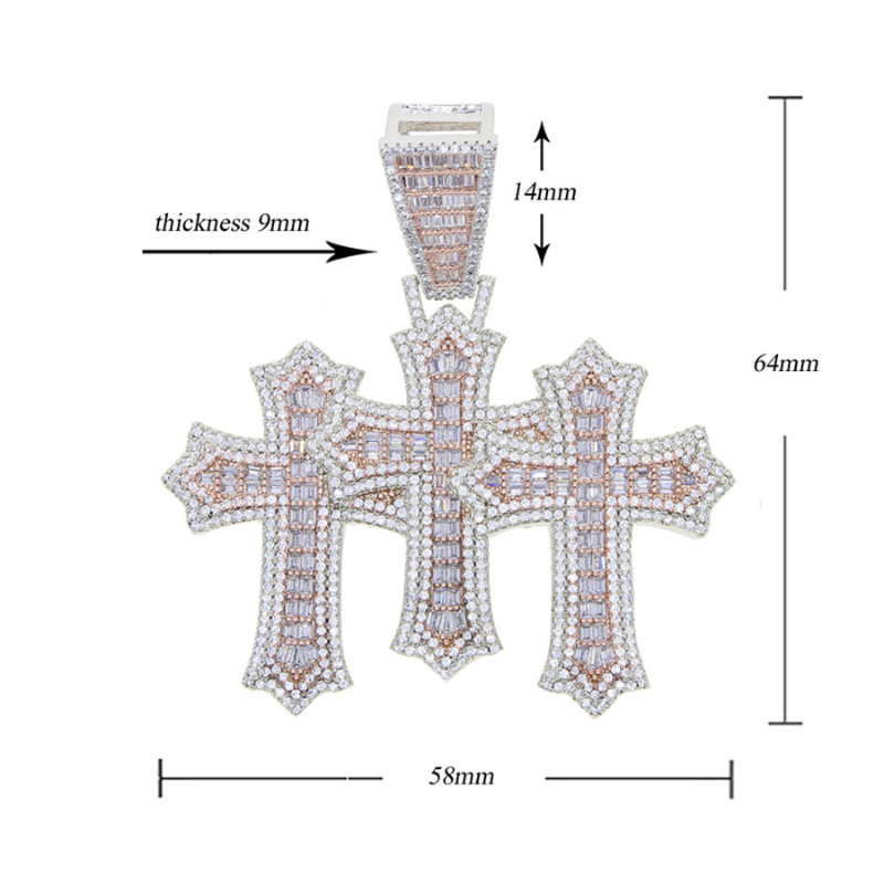 12mm Moissanite Triple Cross Pendant Cuban Chain Set