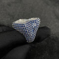 Cross Side Blue Sapphire Baguettes in White Gold Ring