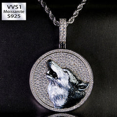 S925 Silver Moissanite Enamel Disc Wolf Pendant