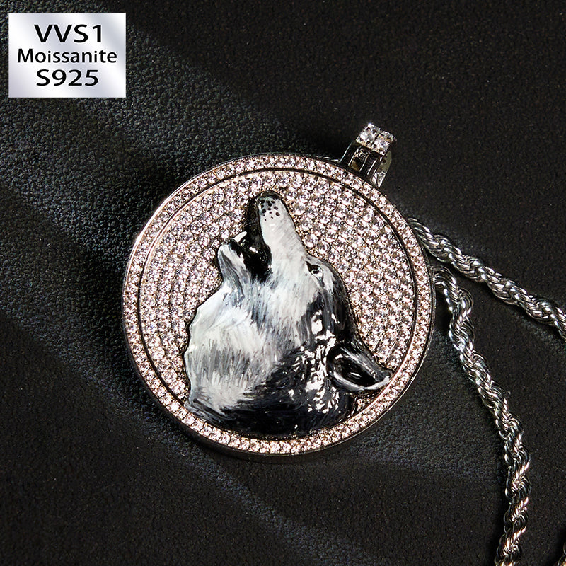 S925 Silver Moissanite Enamel Disc Wolf Pendant