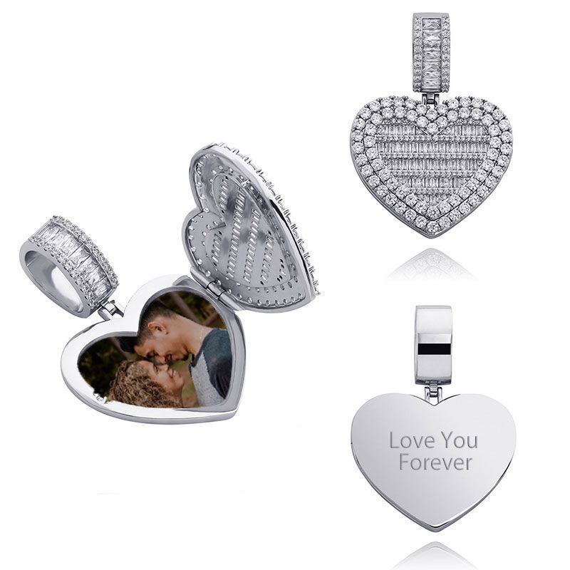 Custom Locket Heart Photo Pendant in White Gold