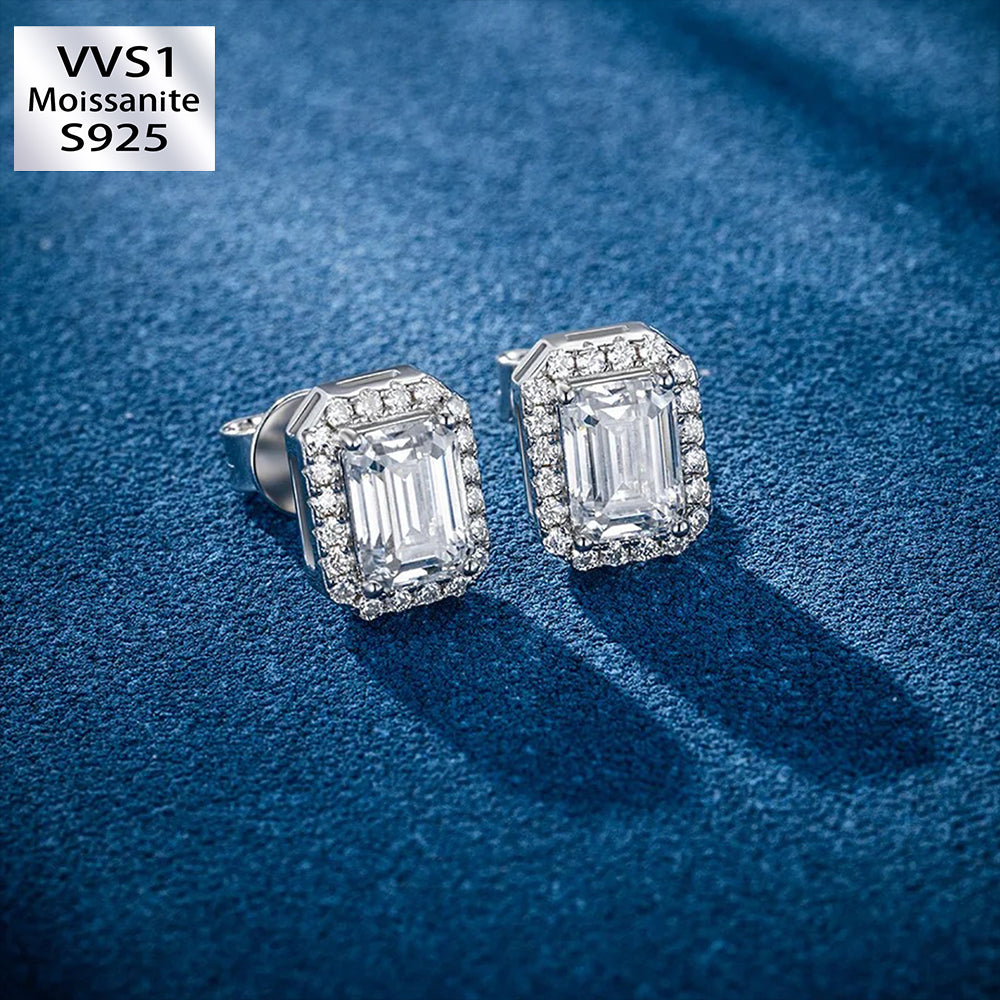 1CT/2CT S925 VVS1 Moissanite Emerald Cut Halo Stud Earrings