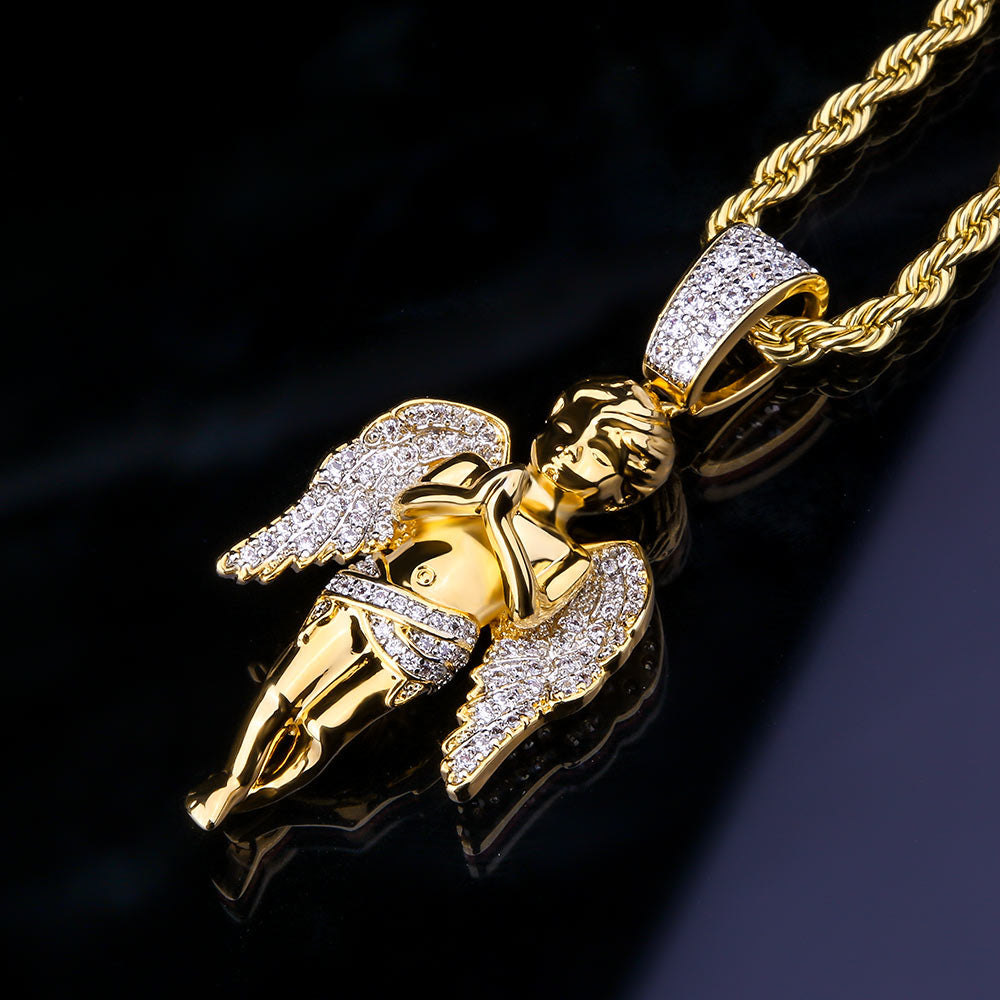 Iced Out Mens Angel Pendant Necklalce in 14K Gold/White Gold