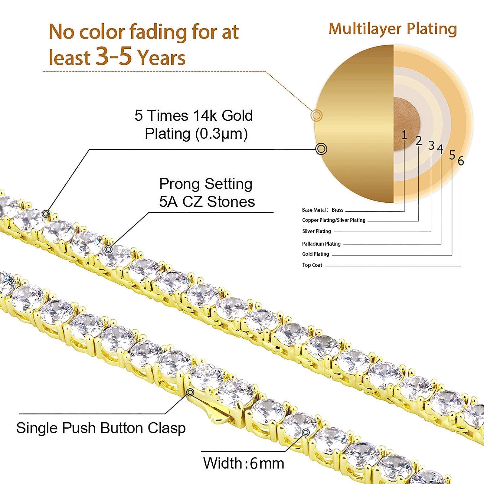 6mm CZ Diamond 14K Gold/White Gold Mens Tennis Chain