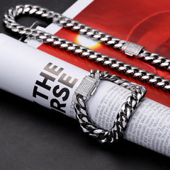 12mm Iced Out Clasp Miami Cuban Link Chain and Bracelet Set