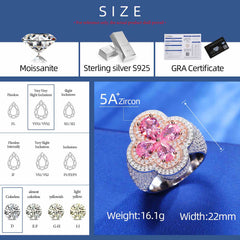 S925 Moissanite Four Leaf Clover Ring In Colored Pear Cut CZ