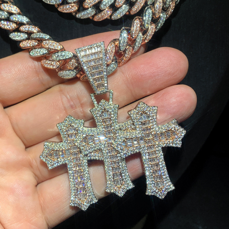 12mm Moissanite Triple Cross Pendant Cuban Chain Set