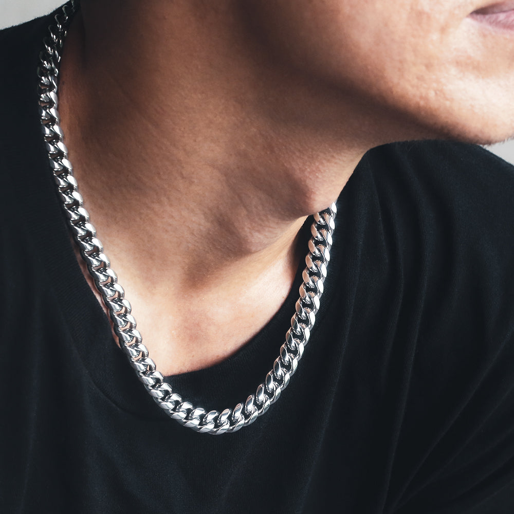 10mm Miami Cuban Link Chain in White Gold for Men's