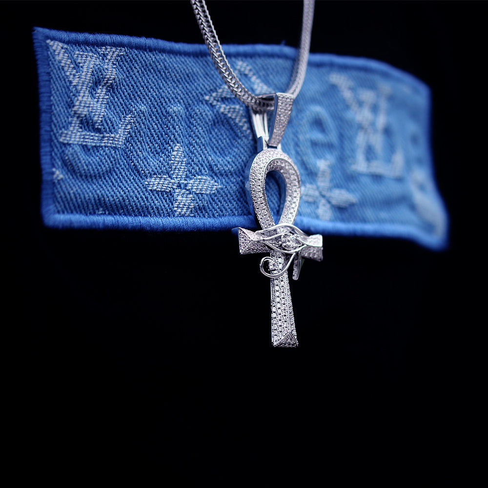 Iced Out The Eye Of Horus Ankh Mens Cross Pendant in White Gold