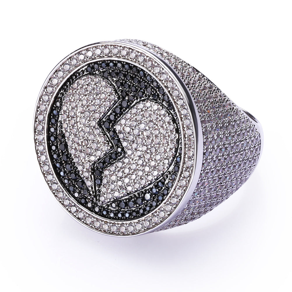 Diamond CZ Heart-Broken Mens Ring in White Gold