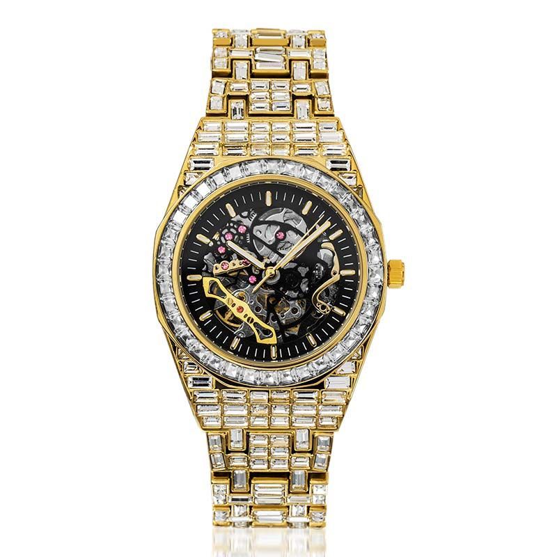 Iced Men's Mechanical Watch with Baguette Stones in Gold