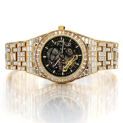 Iced Men's Mechanical Watch with Baguette Stones in Gold