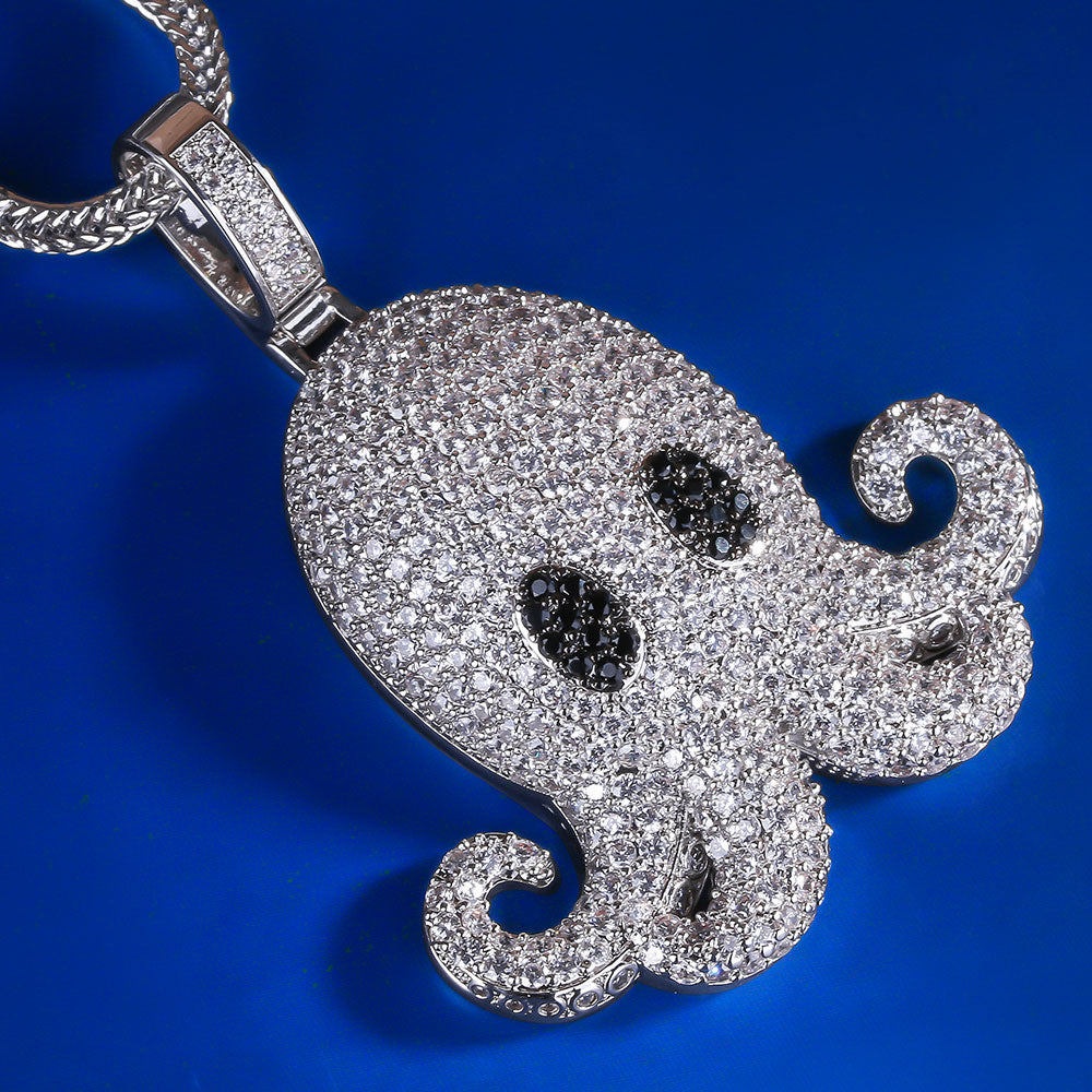 Iced Out Octopus Mens Pendant Necklace in White Gold