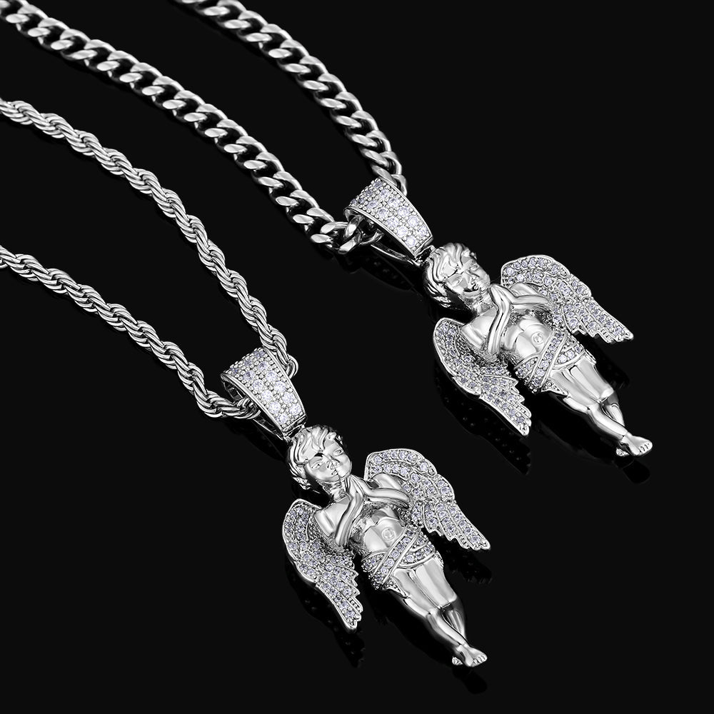 Iced Out Mens Angel Pendant Necklalce in 14K Gold/White Gold