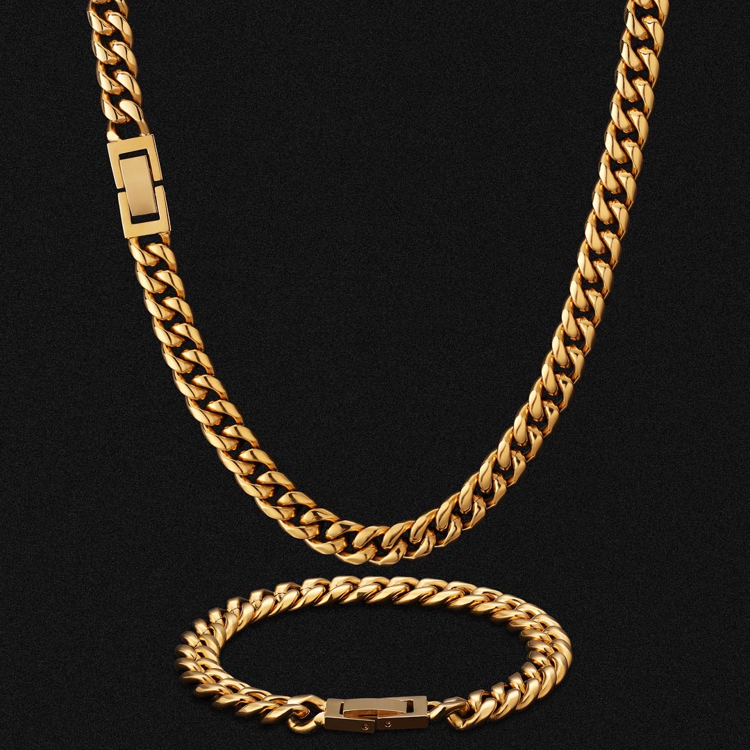 8mm Mens Miami Cuban Link Chain and Bracelet Set