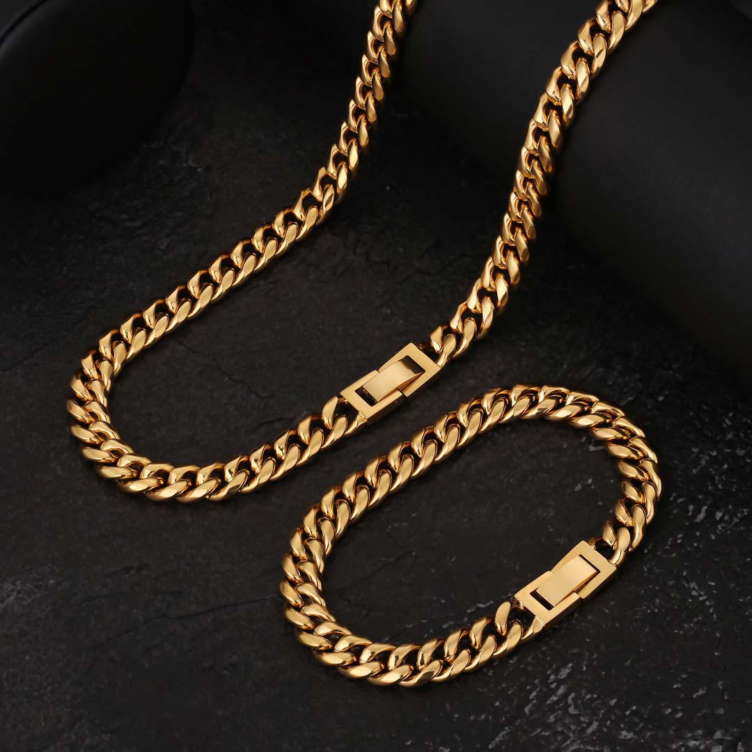 8mm Mens Miami Cuban Link Chain and Bracelet Set