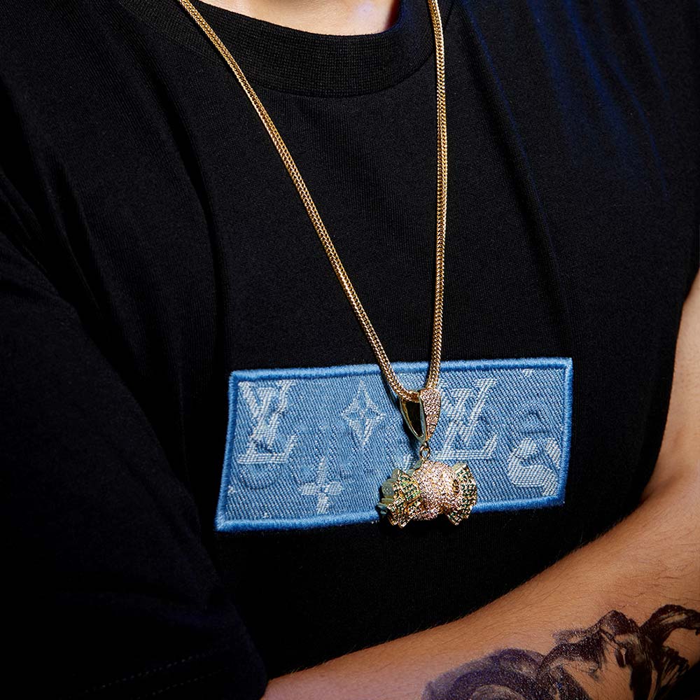 Iced Out Holding Dollars Mens Pendant Necklace in 14K Gold