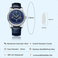 Baguette Cut Automatic Mechanical Watch with Leather Strap