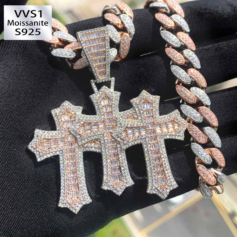 12mm Moissanite Triple Cross Pendant Cuban Chain Set