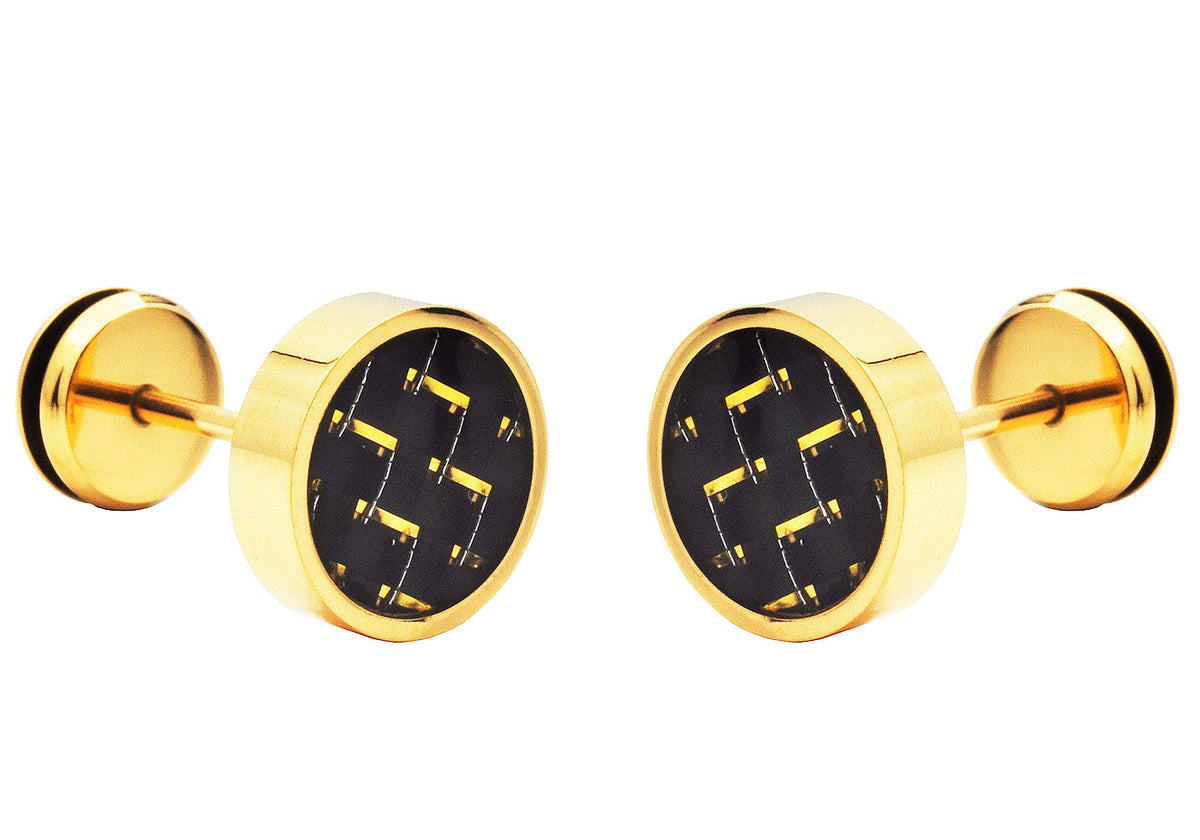 Mens 9mm Gold Plated Stainless Steel Earrings With Gold Carbon Fiber