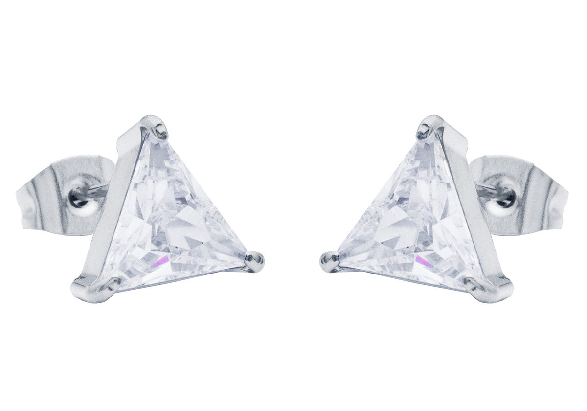 Mens 10mm Cubic Zirconia Stainless Steel Triangle Stud Earrings