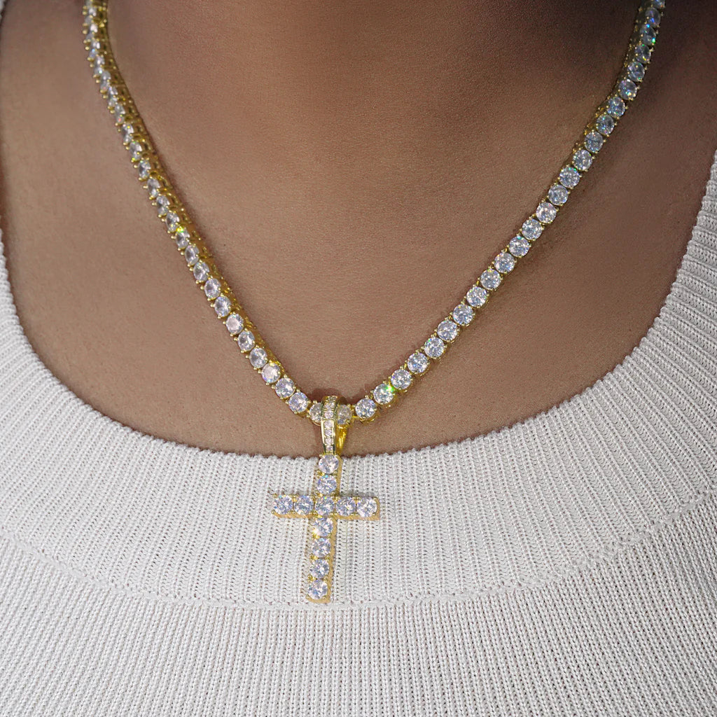 Bundle White Gold Iced Cross + 3mm Iced Tennis Chain Set