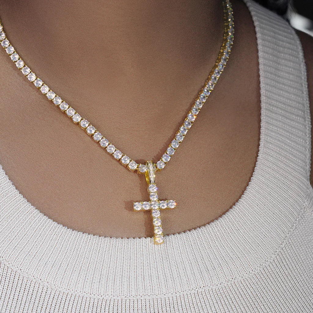 Bundle White Gold Iced Cross + 3mm Iced Tennis Chain Set