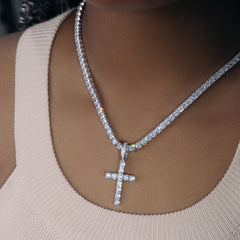 Bundle White Gold Iced Cross + 3mm Iced Tennis Chain Set