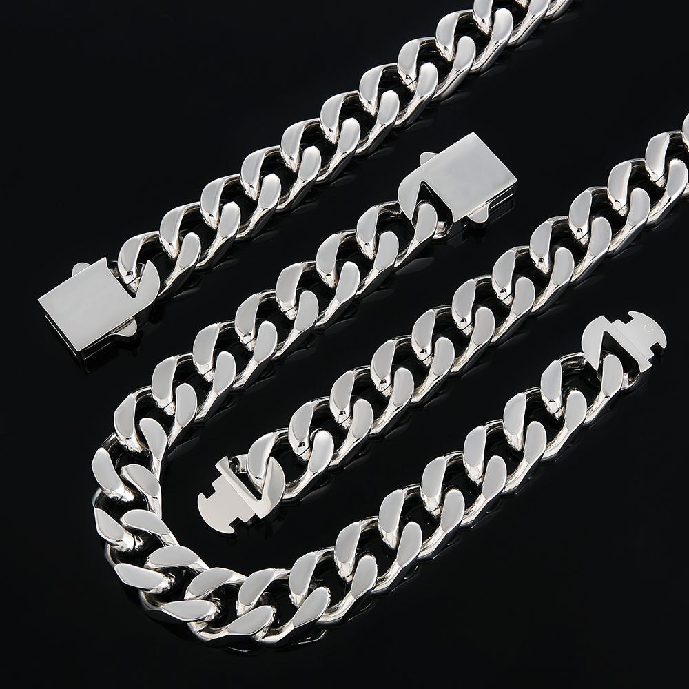 14mm Miami Cuban Link Curb Chain and Bracelets Set with Hook Buckle Clasp