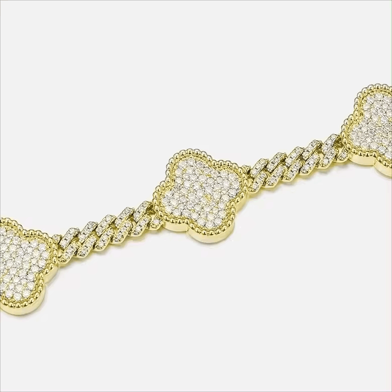 6mm S925 Moissanite Four Leaf Clover Cuban Link Bracelet