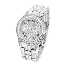 Iced Baguette Cut Roman Numerals Men's Watch in White Gold