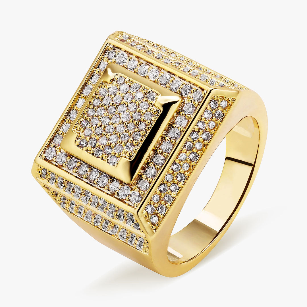 Diamond CZ Retro Cubist Mens Ring in 14K Gold