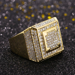 Diamond CZ Retro Cubist Mens Ring in 14K Gold