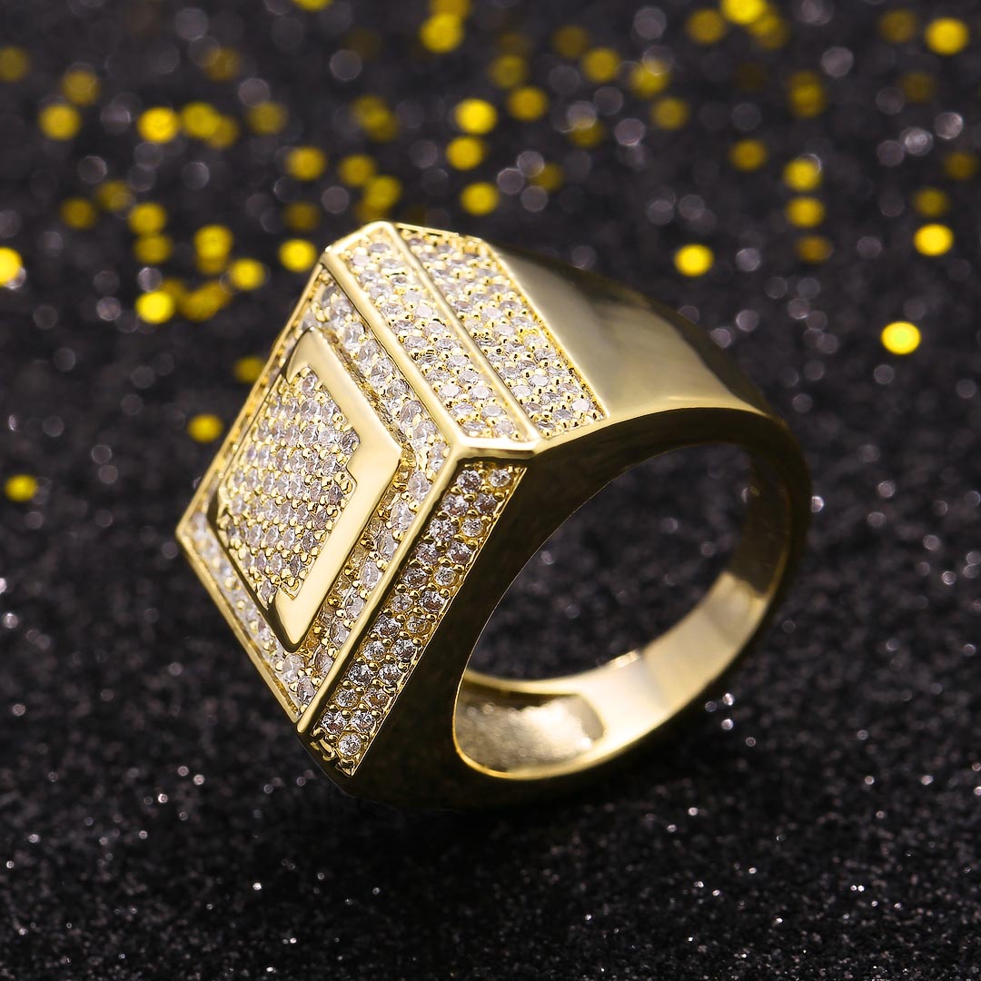 Diamond CZ Retro Cubist Mens Ring in 14K Gold