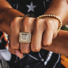 Diamond CZ Retro Cubist Mens Ring in 14K Gold