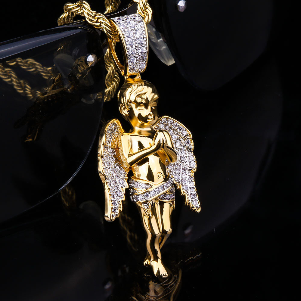 Iced Out Mens Angel Pendant Necklalce in 14K Gold/White Gold